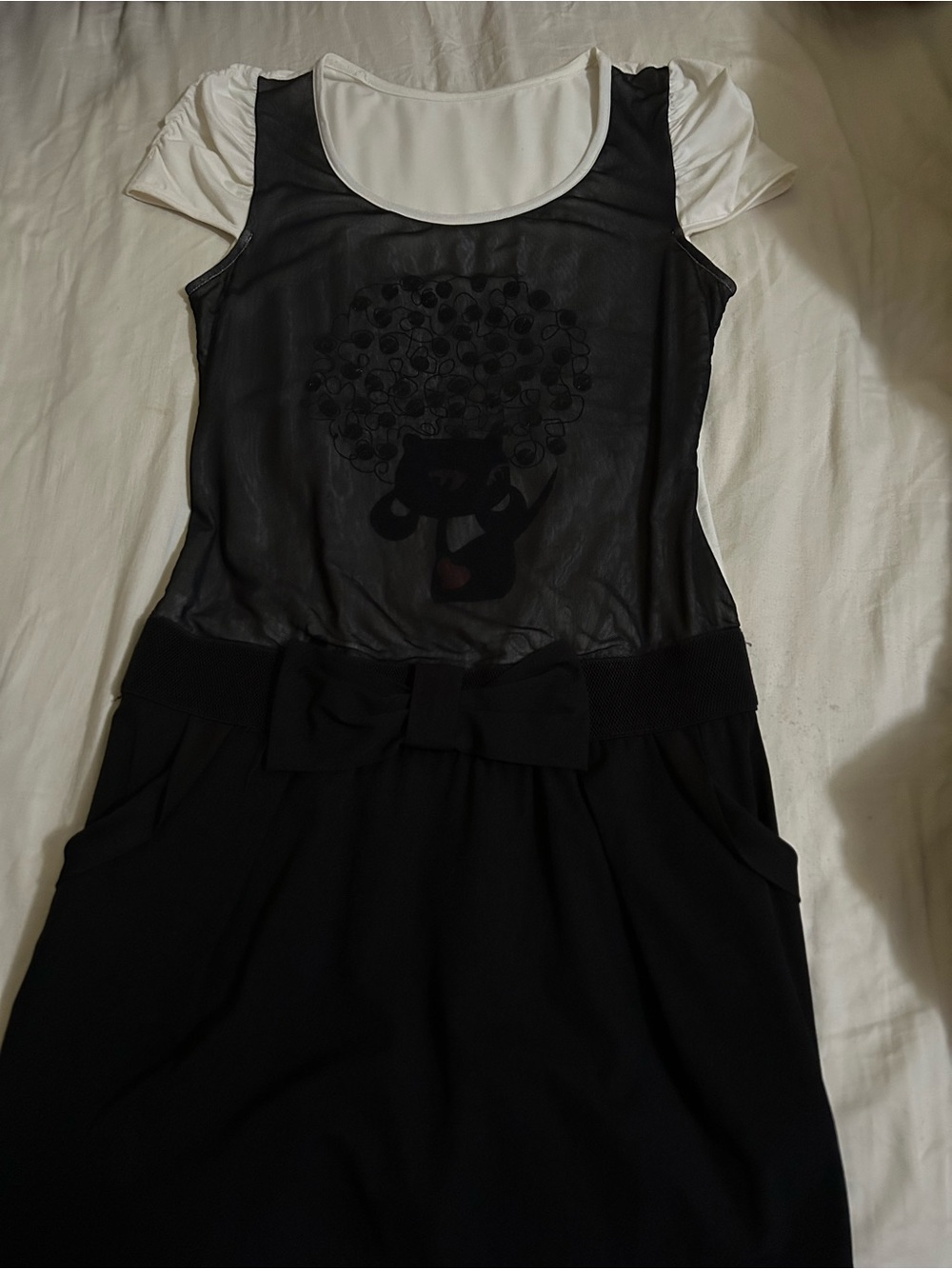 Black & White Puff-Sleeve Mini Dress with Bow Waist